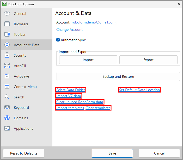 the advanced options in Account & Data.
