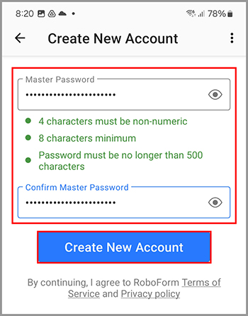 Creating a Master Password for RoboForm.