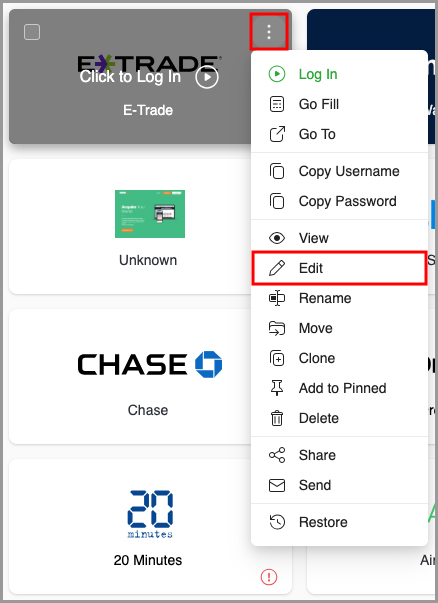 the option to edit an item on the Start Page