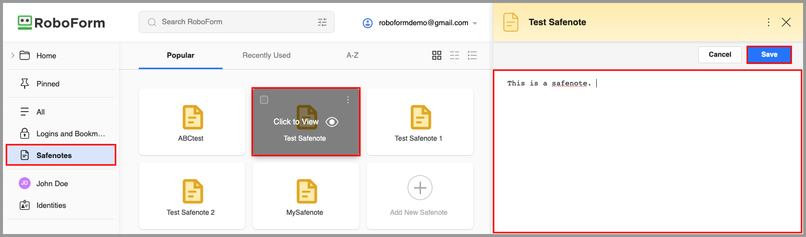 showing how to edit and save a Safenote