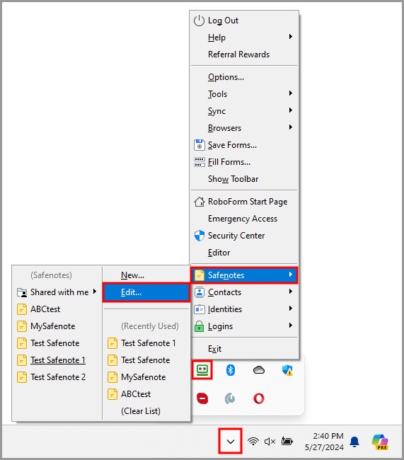  the option to open the RoboForm editor through other RoboForm data item menus.