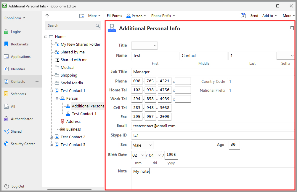 a filled out new Contact Element in the RoboForm editor.