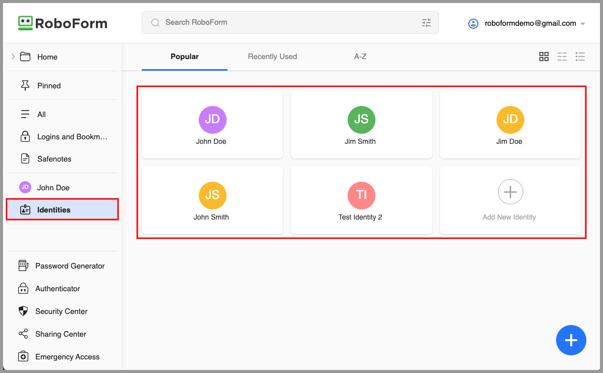 the Identities tab on the RoboForm Start Page