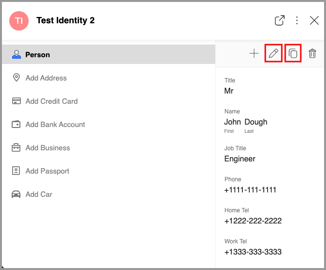 the edit and copy buttons on an Identity Element on the RoboForm Start Page
