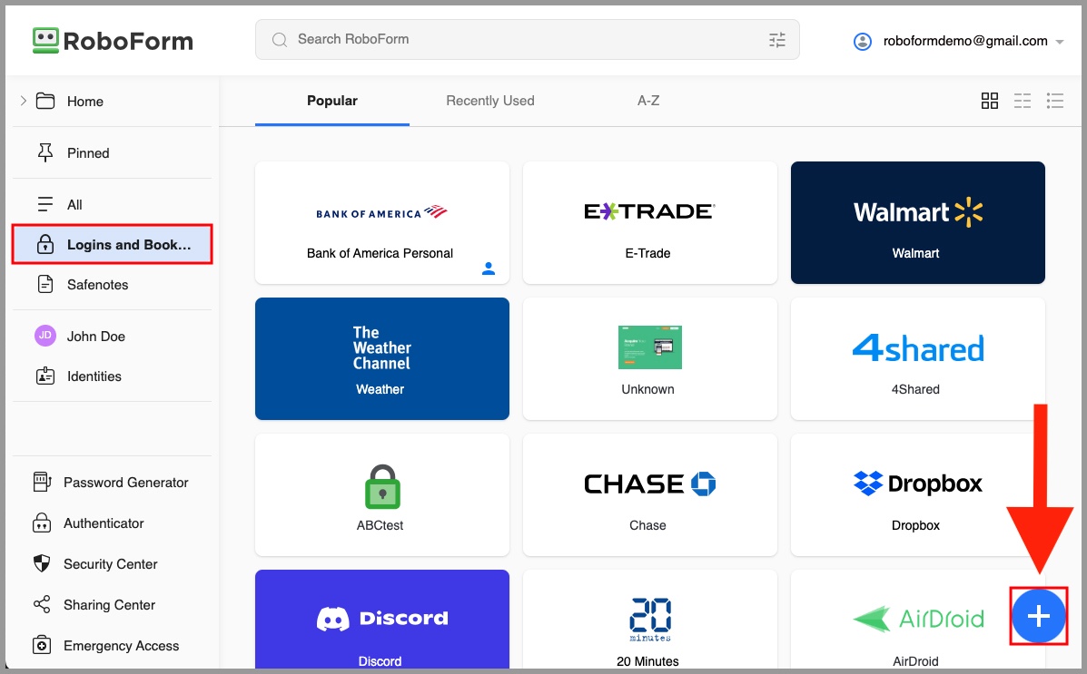 the Create New Login button on the RoboForm Start Page