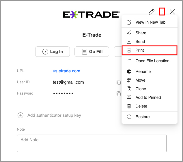 showing how to access the option to print a data item
