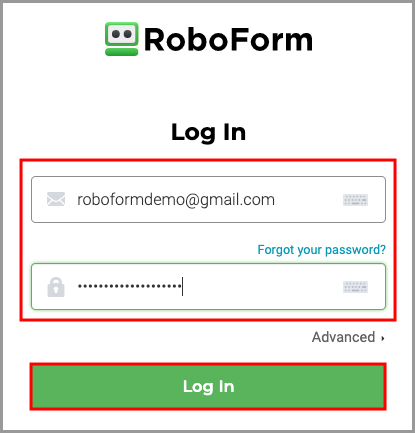 showing the RoboForm online login page