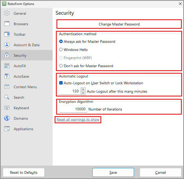 the Security tab in RoboForm Options.