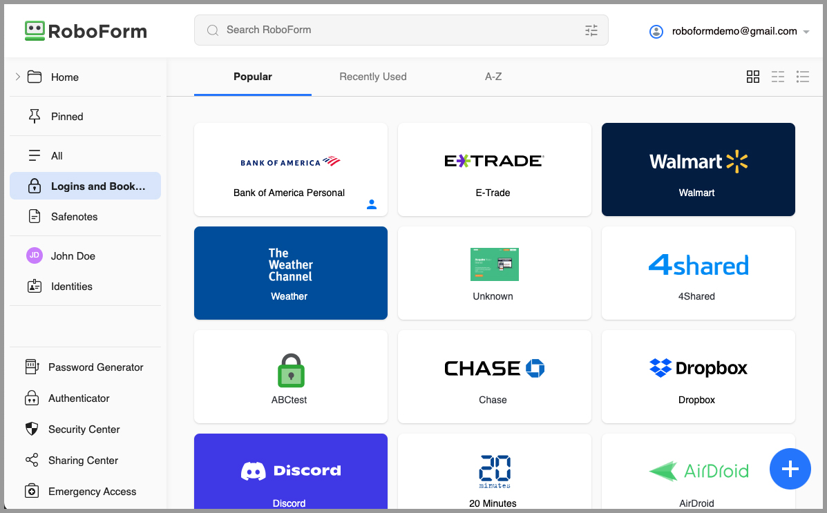 the RoboForm Start Page