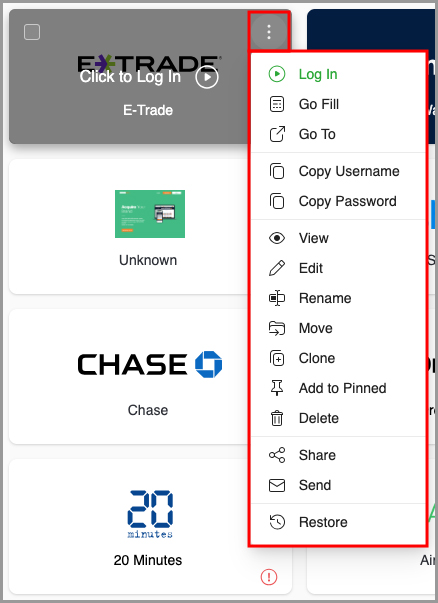 showing the available options for data items in the Start Page