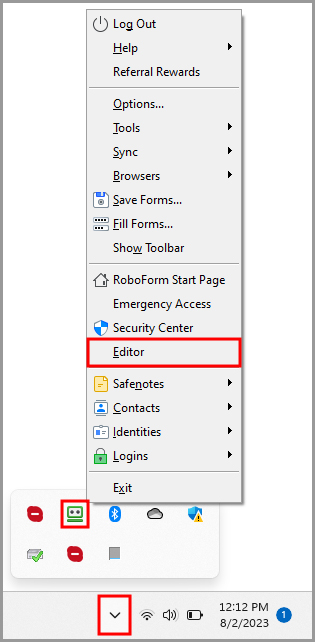 the option to open the RoboForm editor from the RoboForm taskbar icon’s menu.