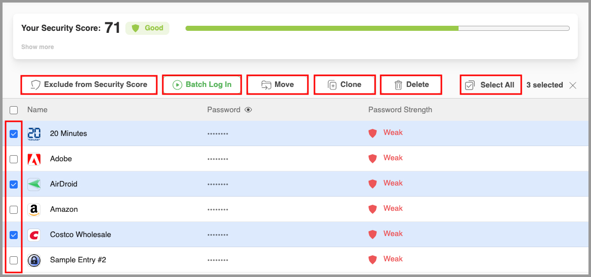 selecting multiple items in the Security Center on the Start Page